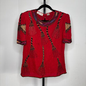 Vintage Laurence Kazar 100% Silk Beaded Sequin Tassel Blouse Red‎ Holiday Bling